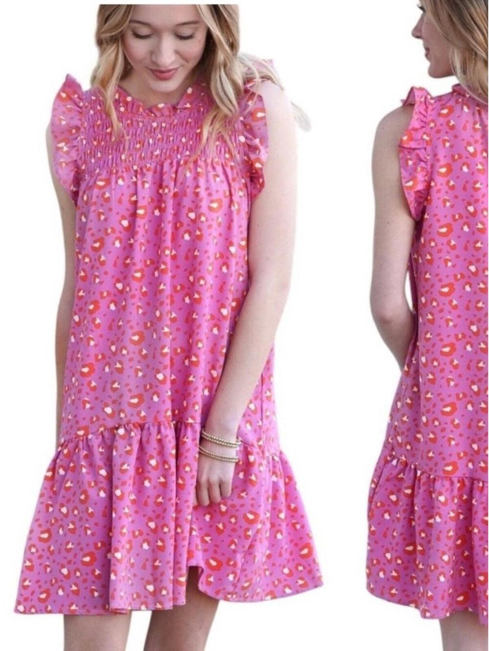 Michelle McDowell Pink Leopard Smocked Ruffle Dress XXL NWT
